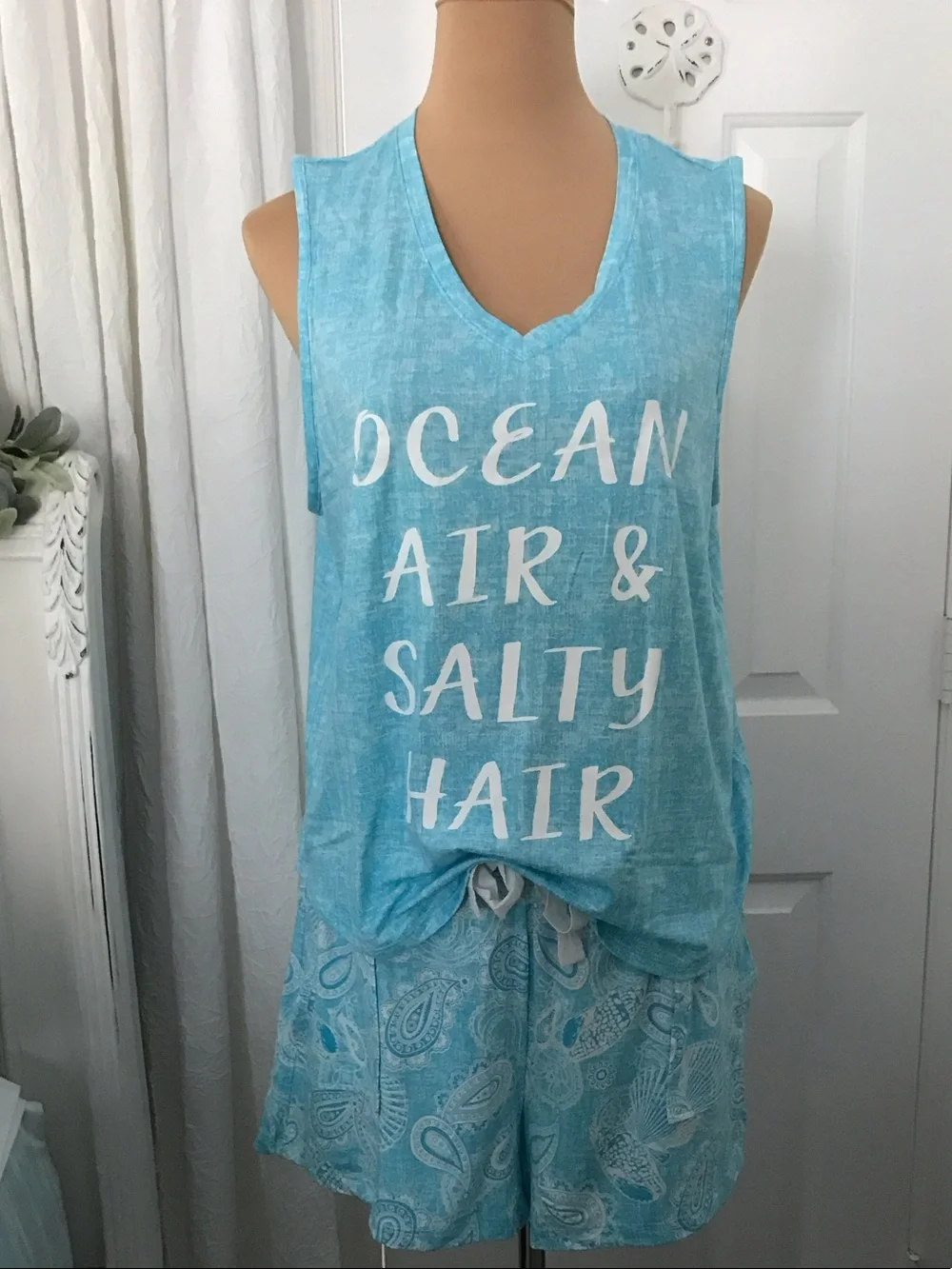 Light Blue 'Ocean Air & Salty Hair' Women's Pajama Set